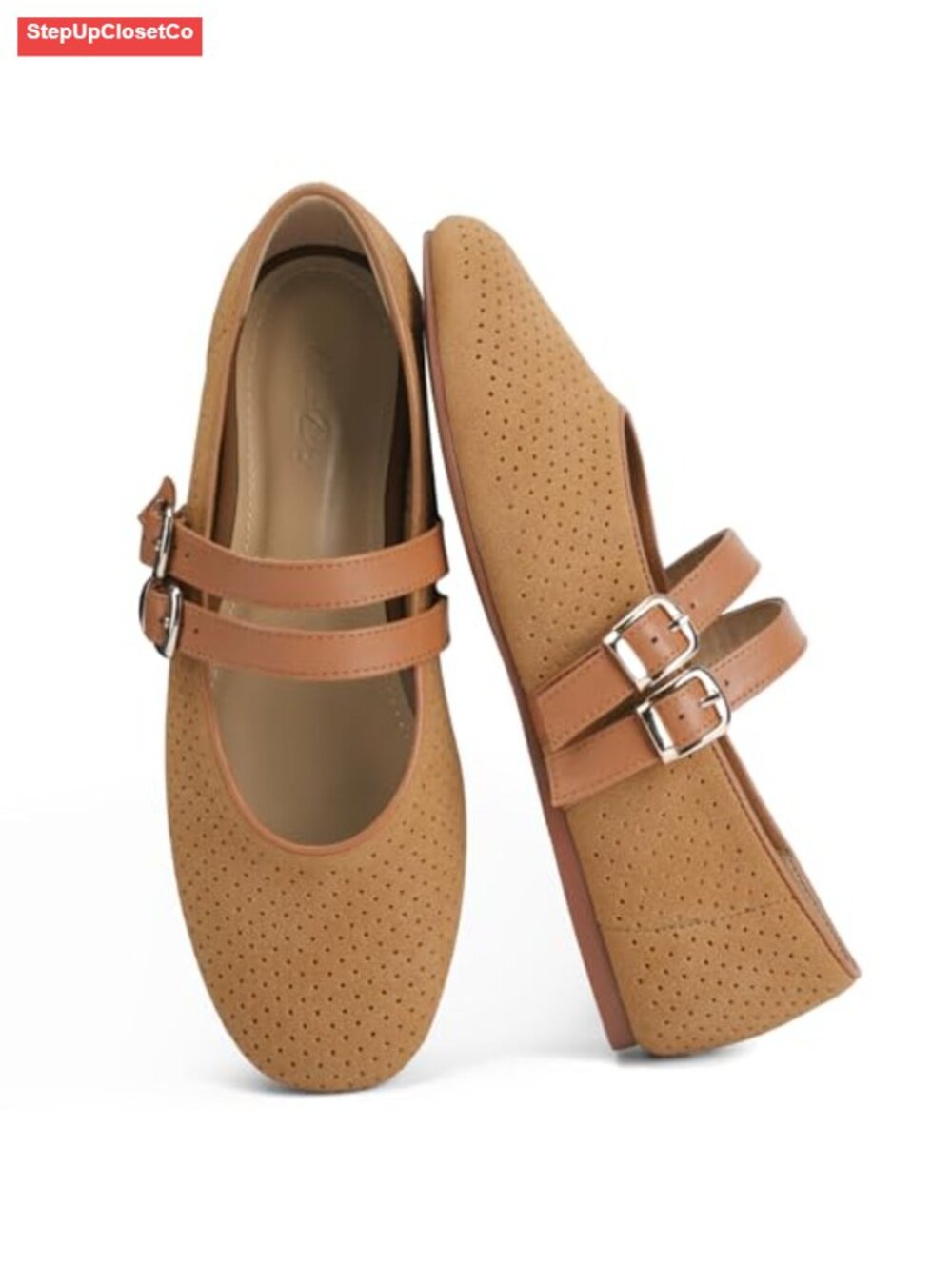 Suede Mary Jane Flats Perforated Round Toe Ballerina Double Buckle Women